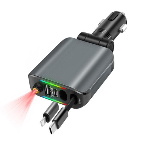 Car Fast Charger 4-in-1 With Retractable iPhone & Type-C Cables, PD & USB Ports – Universal Multi-Device Charging Solution