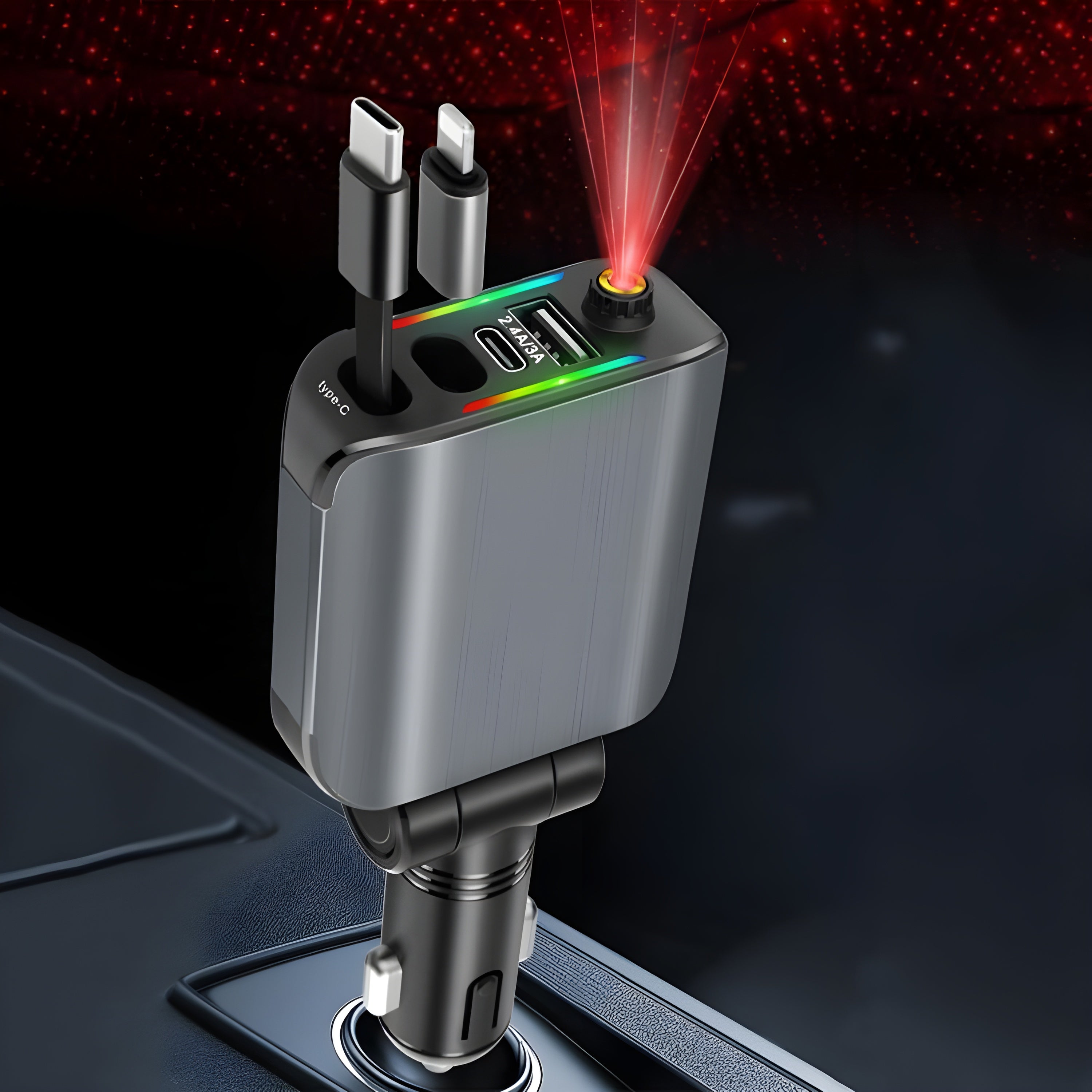 Car Fast Charger 4-in-1 With Retractable iPhone & Type-C Cables, PD & USB Ports – Universal Multi-Device Charging Solution
