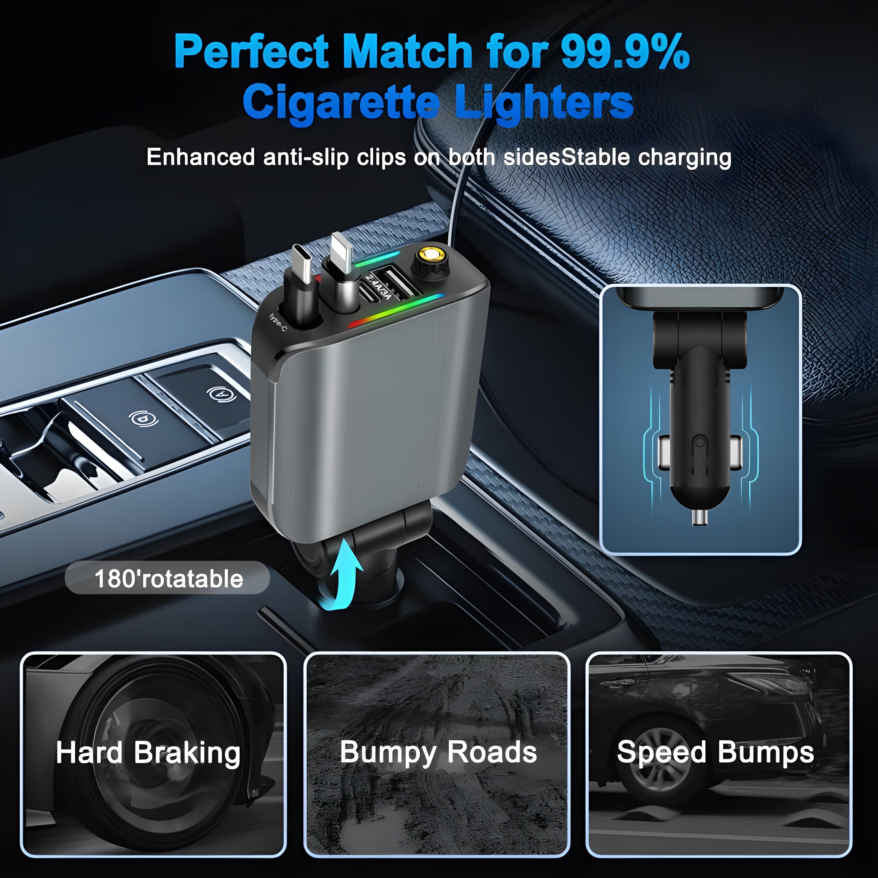 Car Fast Charger 4-in-1 With Retractable iPhone & Type-C Cables, PD & USB Ports – Universal Multi-Device Charging Solution